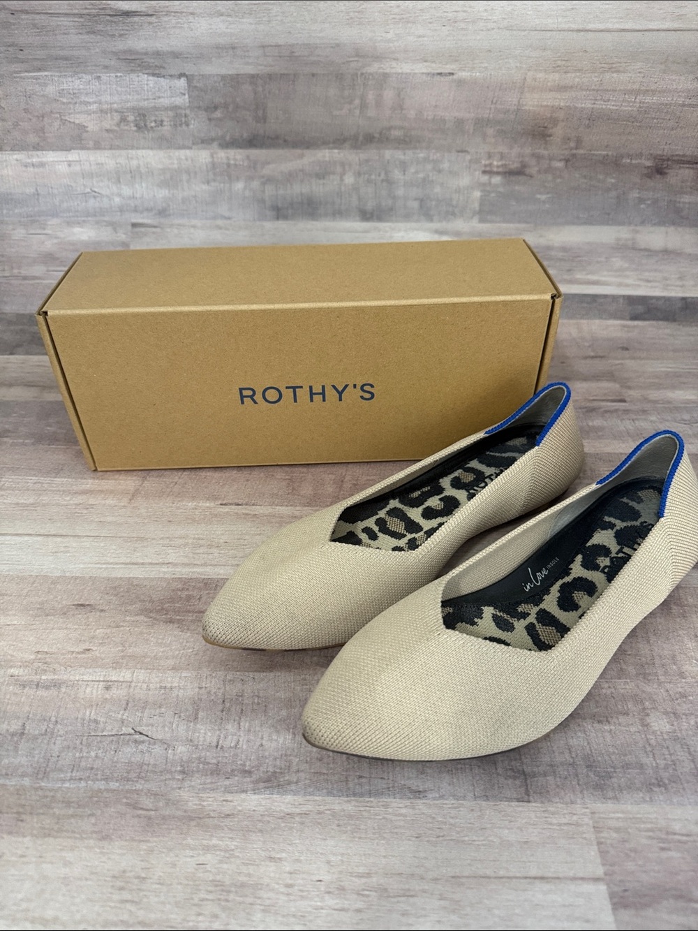 Rothy's Pointed Ballet Flats in Beige with Blue Trim